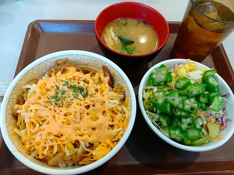 すき家の明太マヨチーズ牛丼とオクラサラダセット